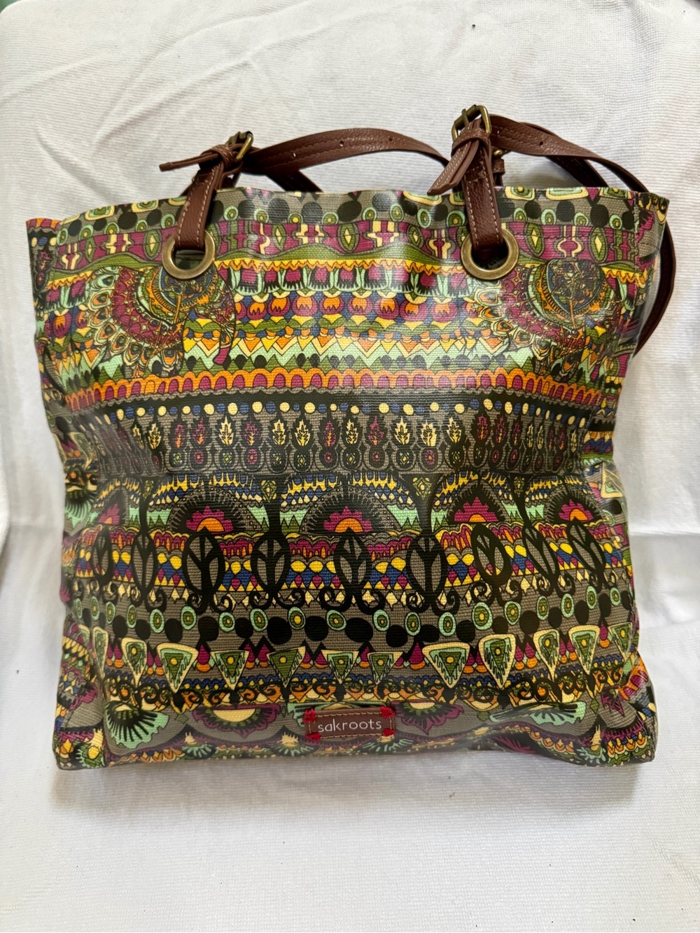 Sakroots Vibrant Multicolor Tribal-Print Tote with Brown Handles